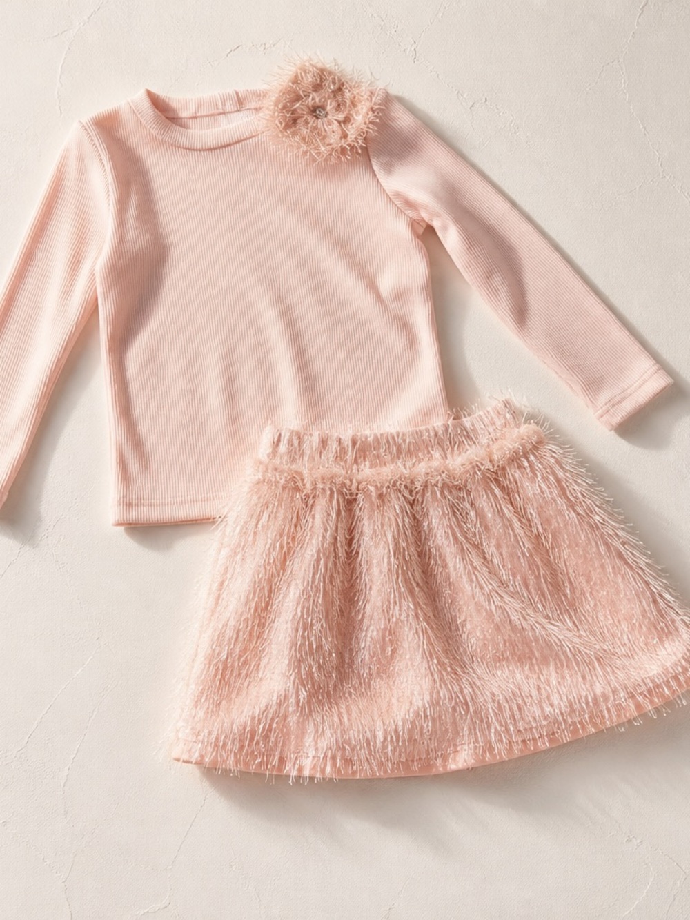 Girls Pink Fuzzy Skirt Set with Long-Sleeve Top